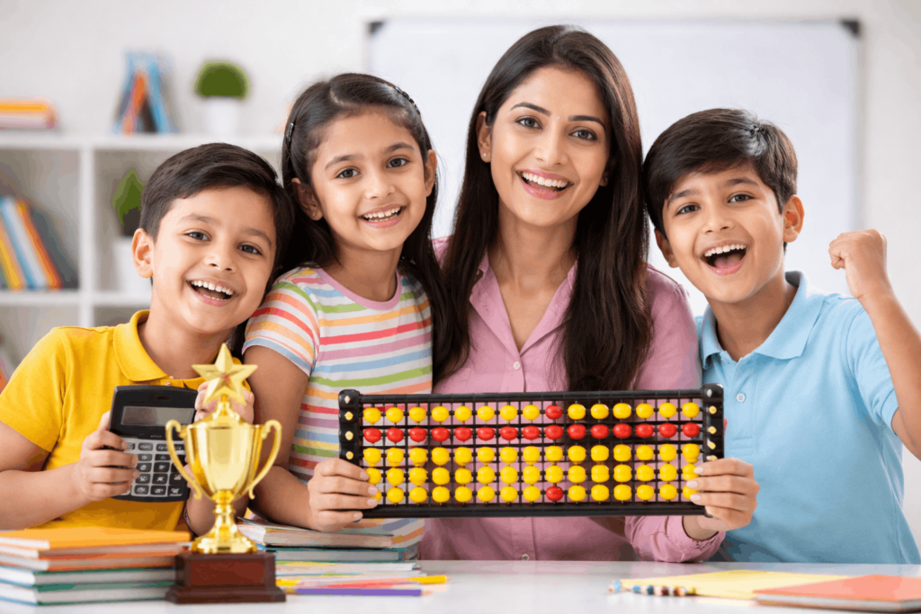 Abacus teacher guiding students in mental math learning using abacus